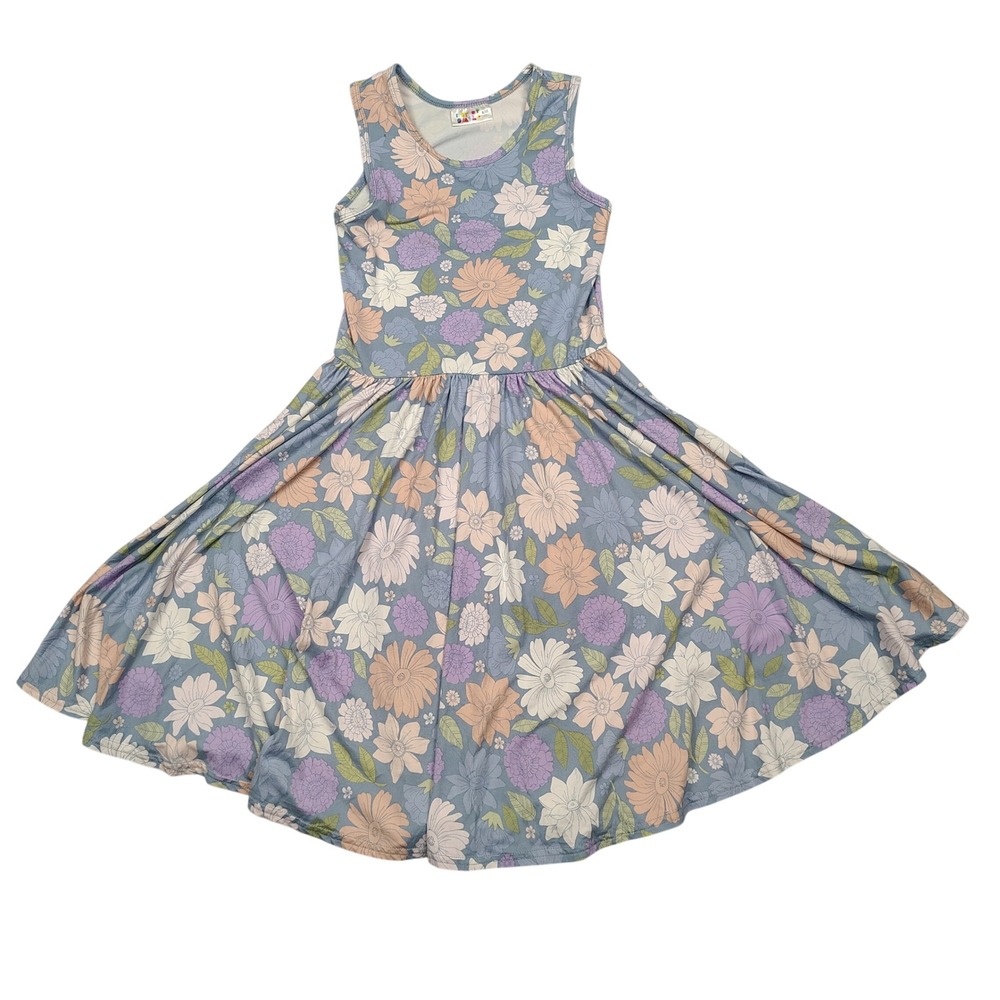Dot Dot Smile Ballerina Dress Girls 8/10 Blue Floral Sleeveless Twirl Polyester